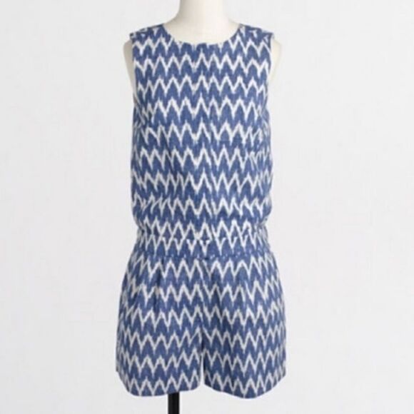 J Crew Linen Romper Blue Chevron Sz 0 - Picture 1 of 8
